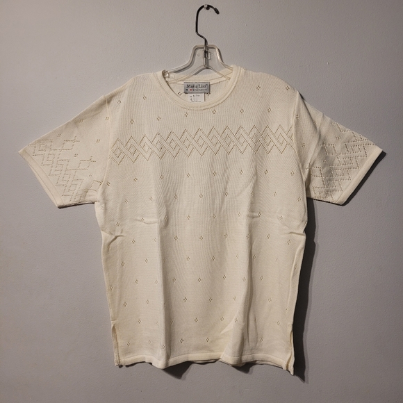 Vintage crochet knit short sleeve pullover sweater, cream, L and XL - Picture 1 of 5